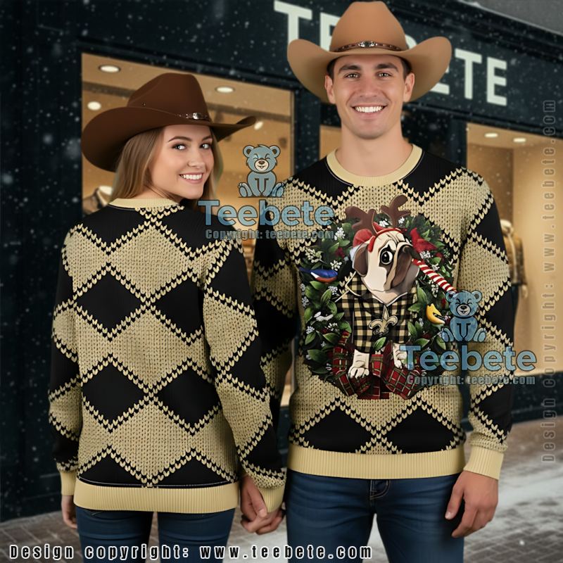 New Orleans Saints Pub Dog Xmas Ugly Christmas Sweatshirt Yellow Black