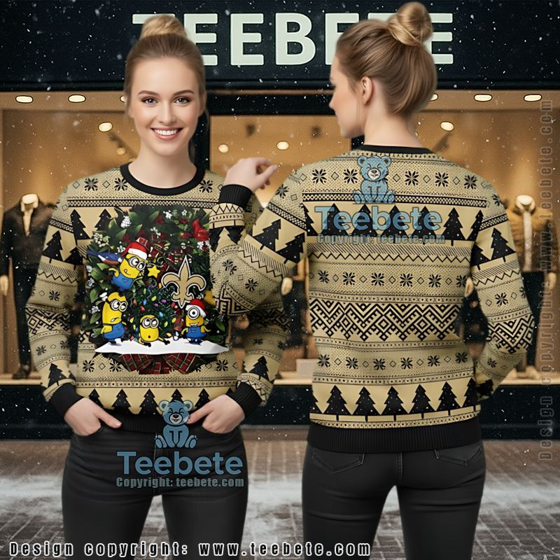 New Orleans Saints Santa Hat Minion Ugly Christmas Sweater Yellow Black Most