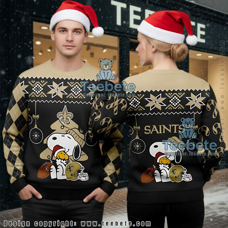 New Orleans Saints Santa Hat Snoopy Woodstock Ugly Christmas Sweater Vacation Black