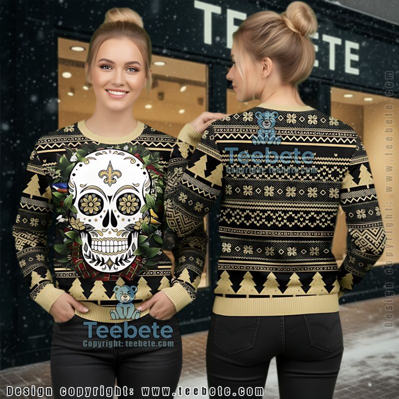 New Orleans Saints Skull Flower Ugly Christmas Sweater Black Yellow Cool