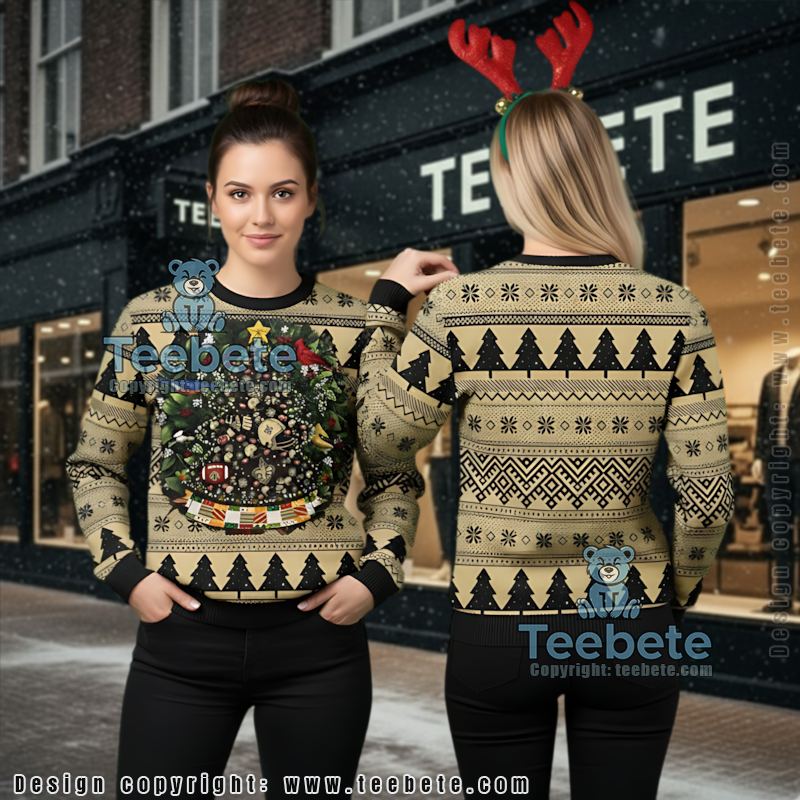 New Orleans Saints Tree Ball Christmas Wreath Ugly Christmas Sweatshirt Black Yellow