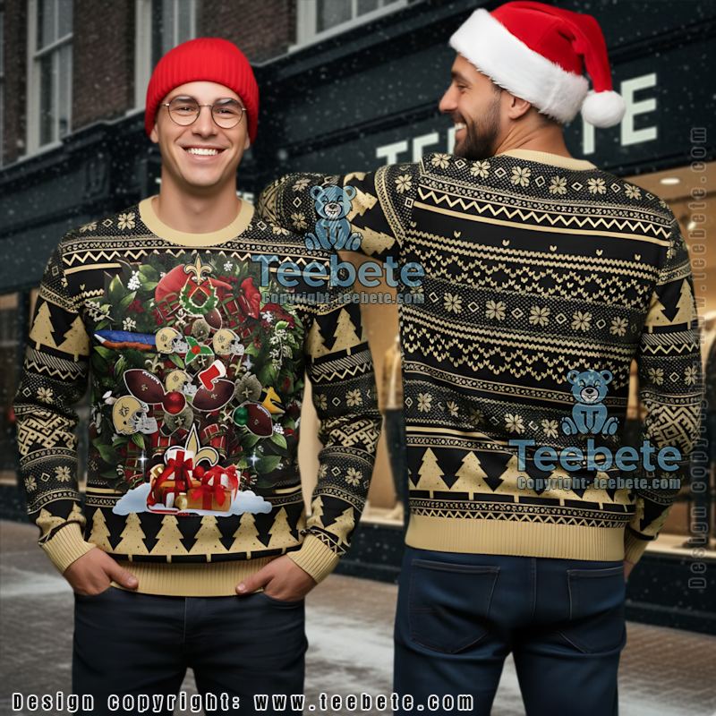New Orleans Saints Tree Ball Ugly Christmas Sweater Black Yellow Funny