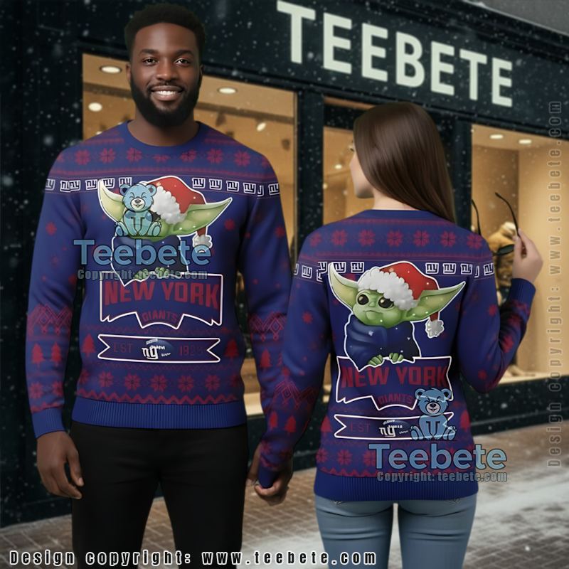New York Giants Baby Yoda Santa Hat Ugly Christmas Sweaters Blue Best
