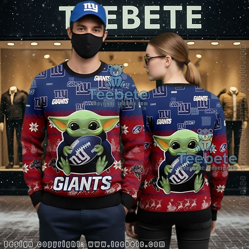 New York Giants Baby Yoda Ugly Christmas Sweatshirt Womens Blue