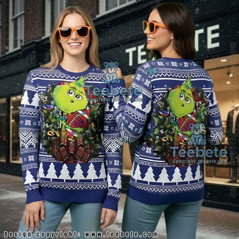 New York Giants Grinch Hug Ugly Christmas Sweater Blue White Big And Tall