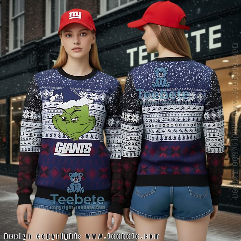 New York Giants Grinch Xmas Ugly Christmas Sweater Ladies Blue Black