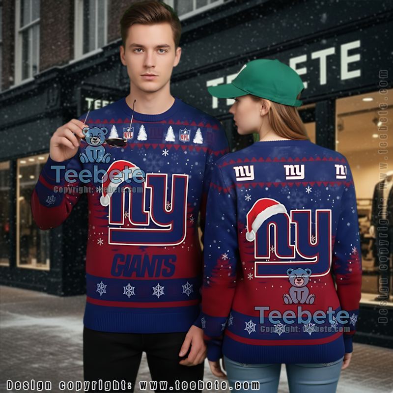 New York Giants Merry Christmas Santa Hat Ugly Xmas Sweaters Blue Funny