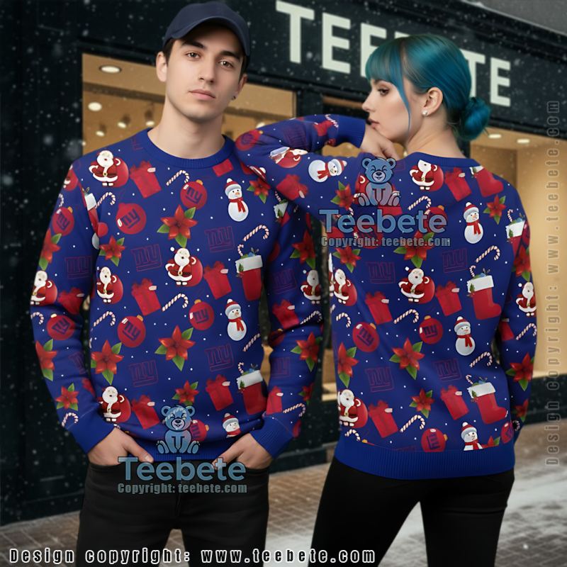 New York Giants Winnie The Pooh Ugly Sweater Blue Red