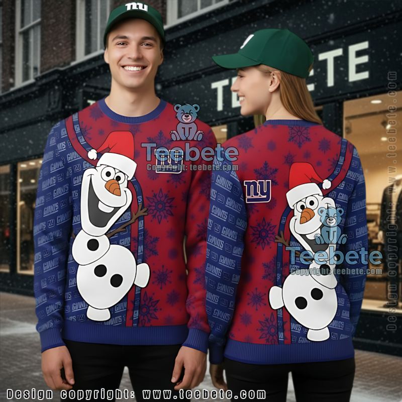 New York Giants Santa Hat Olaf Ugly Christmas Sweater Ladies Blue Red