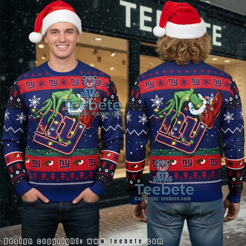 New York Giants The Grinch Hand Ugly Christmas Sweater Womens Blue Red