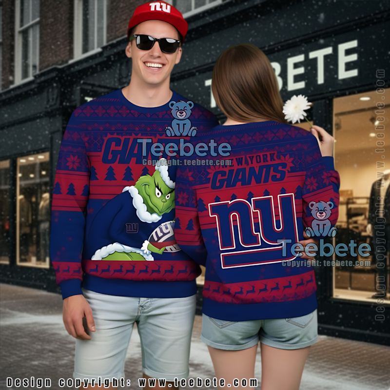 New York Giants The Grinch Ugly Christmas Sweater Cute Blue White