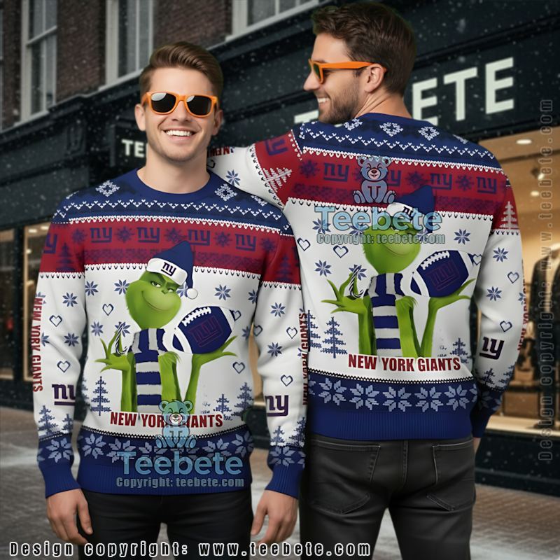 New York Giants The Grinch Hand Ugly Christmas Sweater Womens Blue Red