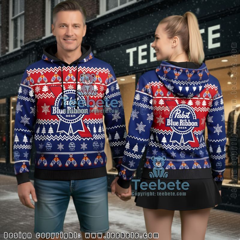 Pabst Blue Ribbon Beer Ugly Christmas 3D Hoodie Holiday Beer