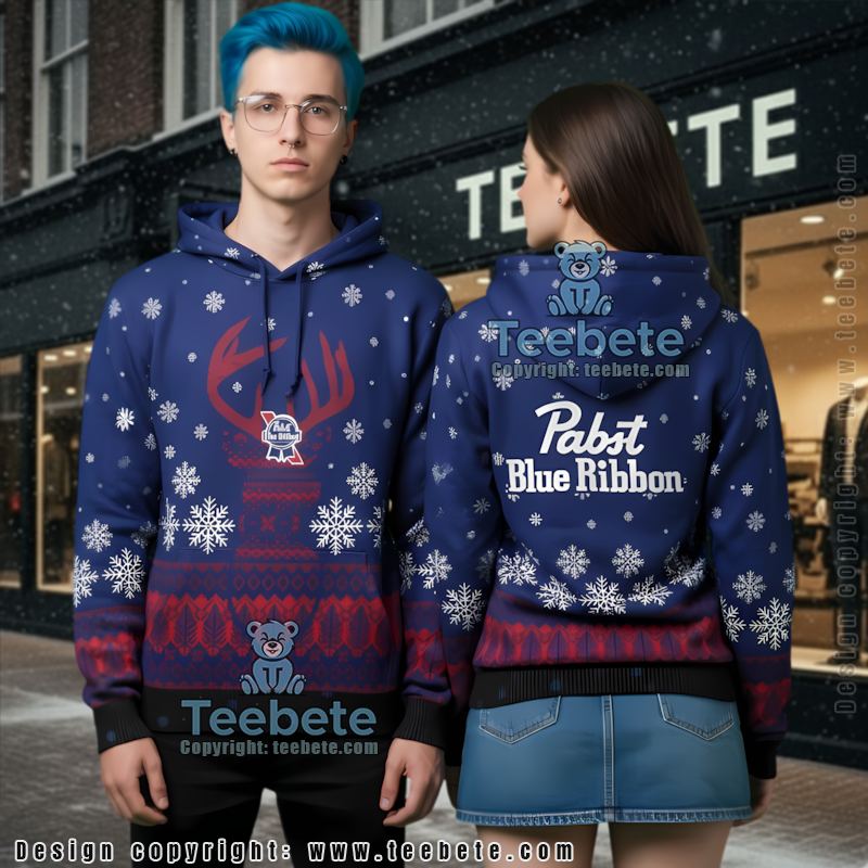 Pabst Blue Ribbon Ugly Christmas 3D Hoodie Reindeer Snowflake