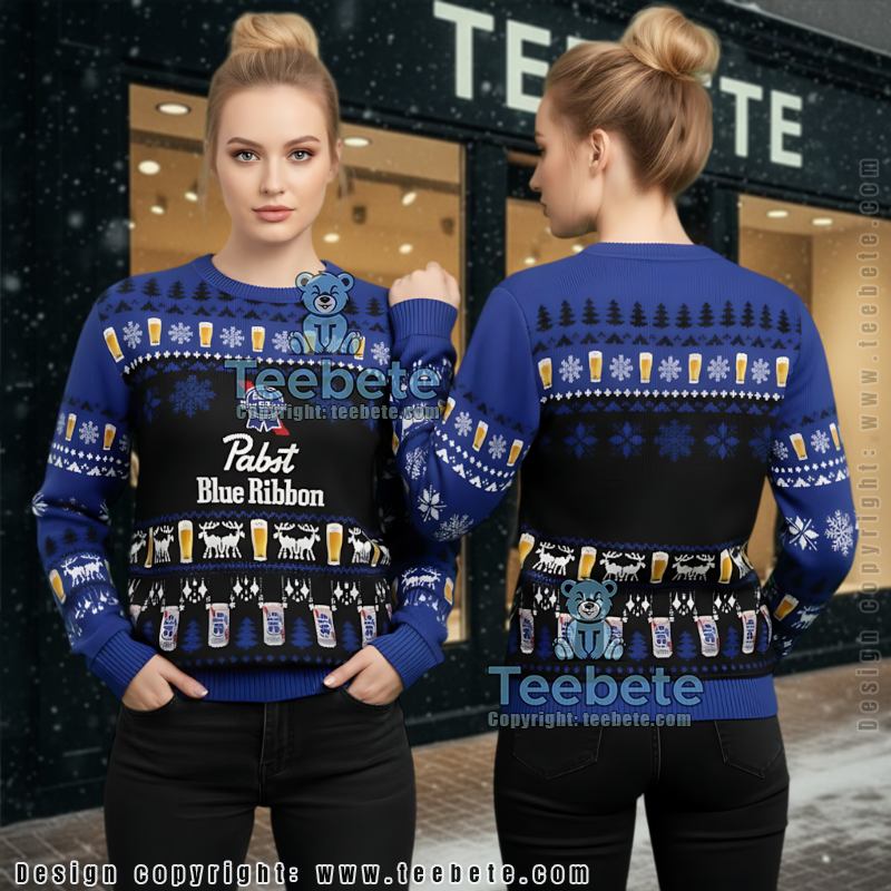Pabst Blue Ribbon Ugly Christmas Sweater Beer Can Blue