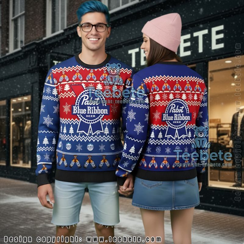 Pabst Blue Ribbon Ugly Christmas Sweater Funny Holiday Drinking