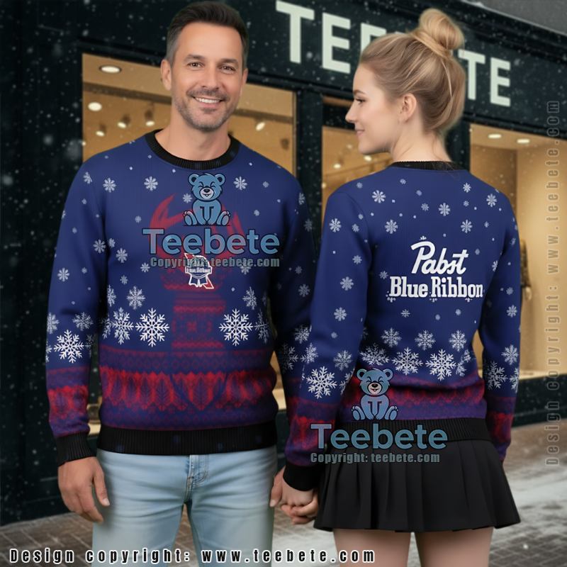 Pabst Blue Ribbon Ugly Christmas Sweater Reindeer Snowflakes Xmas