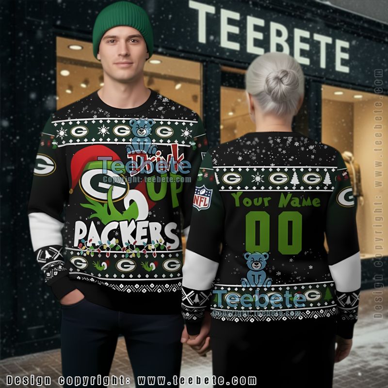 Personalized Green Bay Packers Drink Up Grinch Funny Ugly Christmas Sweater Personalized Green Bay Packers Drink Up Grinch Funny Ugly Christmas Sweater