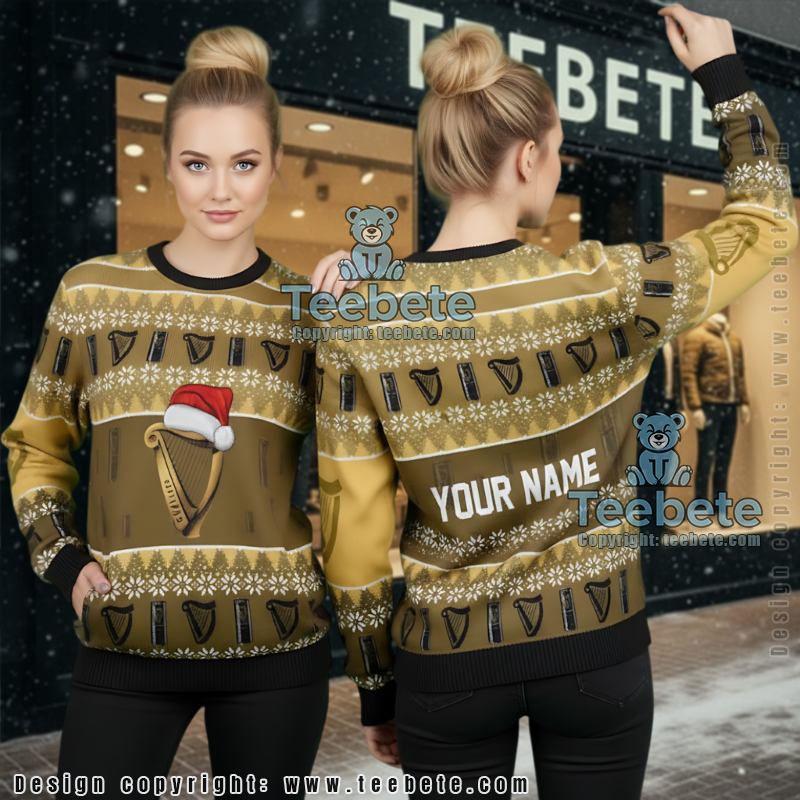 Personalized Guinness Ugly Christmas Sweater Harp Logo Xmas Gift