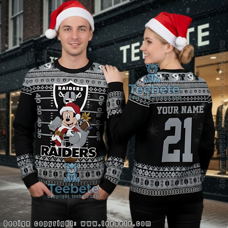 Personalized Las Vegas Raiders Mickey Mouse Santa Ugly Christmas Sweater Grey