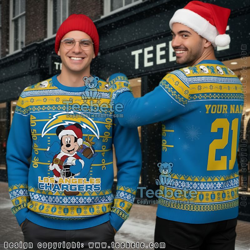 Personalized Los Angeles Chargers Mickey Santa Cool Ugly Christmas Sweater Blue
