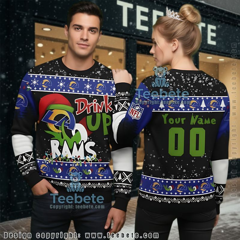 Personalized Los Angeles Rams Grinch Hat Cute Ugly Christmas Sweater Blue Black