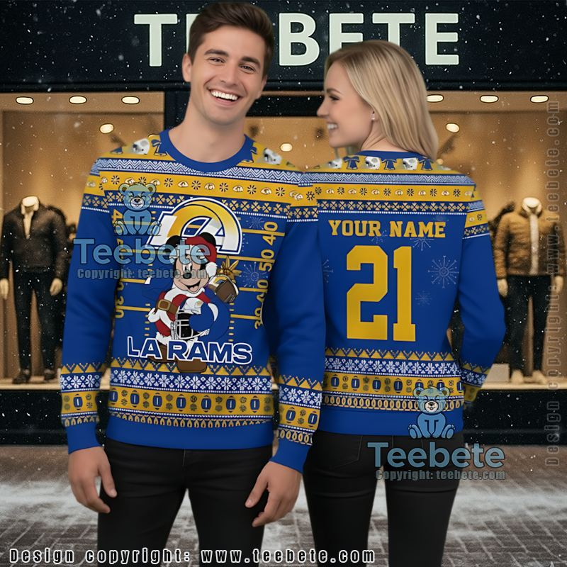 Personalized Los Angeles Rams Mickey Santa Ugly Christmas Sweater Adults Blue