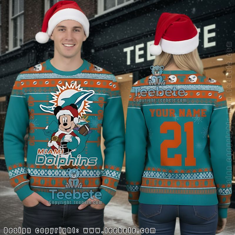 Personalized Miami Dolphins Mickey Santa Ugly Christmas Sweater Blue