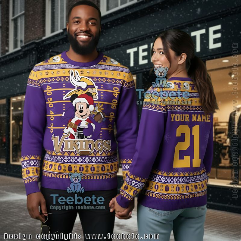 Personalized Minnesota Vikings Mickey Mouse Santa Ugly Christmas Sweaters Purple
