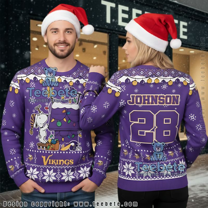 Personalized Minnesota Vikings Snoopy Ugly Christmas Sweater Purple Ladies