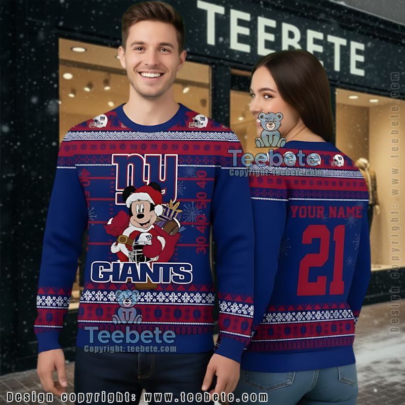 Personalized New York Giants Mickey Mouse Santa Ugly Christmas Sweater Red Blue Ladies