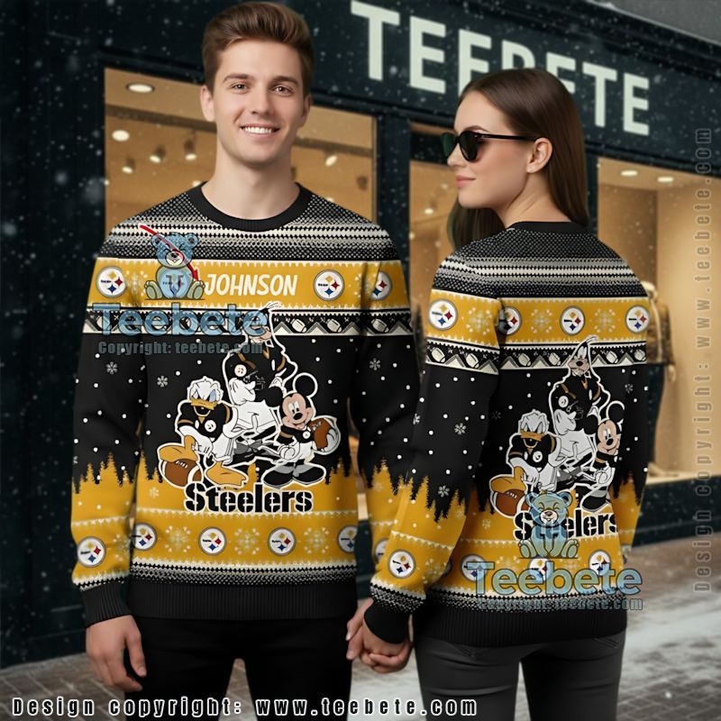 Personalized Pittsburgh Steelers Mickey Mouse Santa Family Ugly Christmas Sweaters Yellow Personalized Pittsburgh Steelers Mickey Mouse Santa Family Ugly Christmas Sweaters Yellow