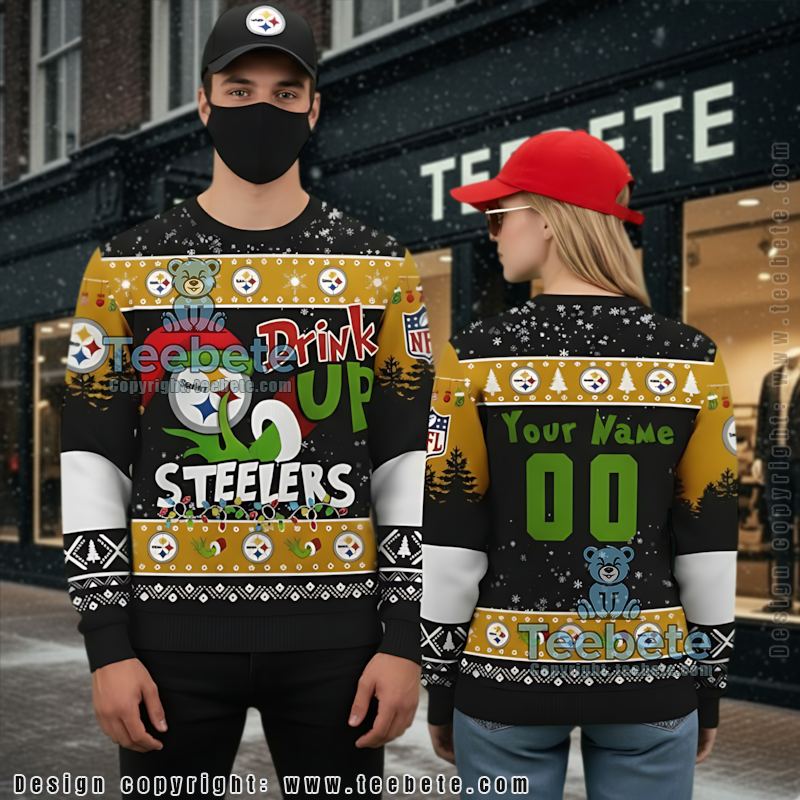 Personalized Pittsburgh Steelers Grinch Drink Up Funny Ugly Sweater Yellow Black