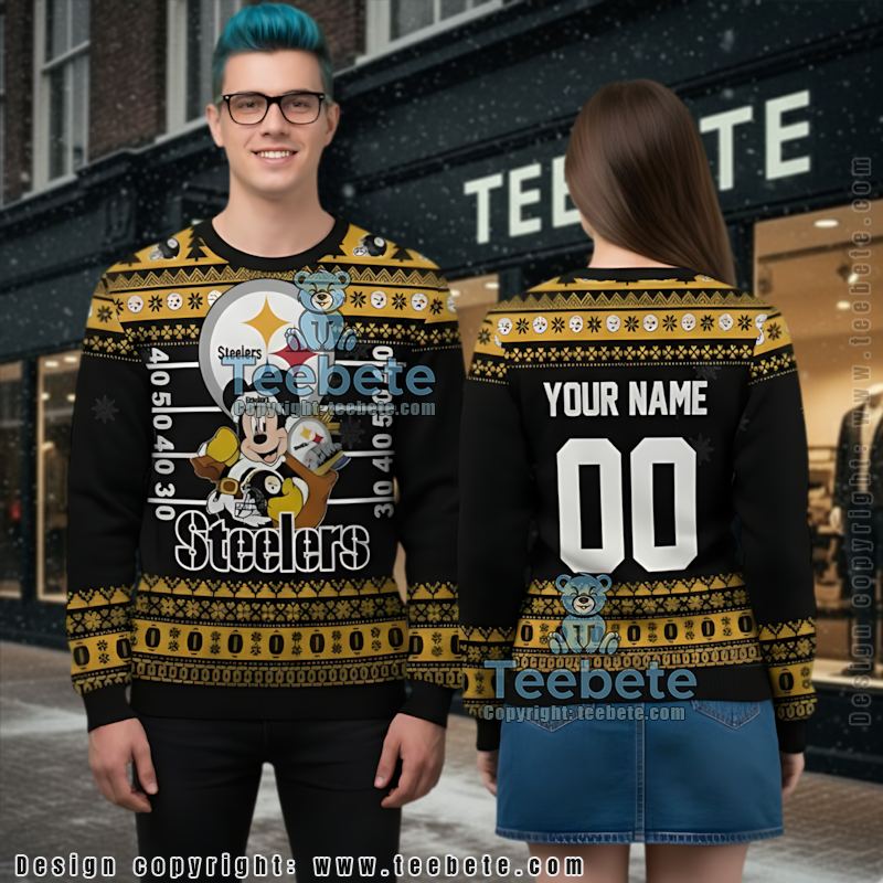 Personalized Pittsburgh Steelers Mickey Mouse Santa Family Ugly Christmas Sweaters Yellow