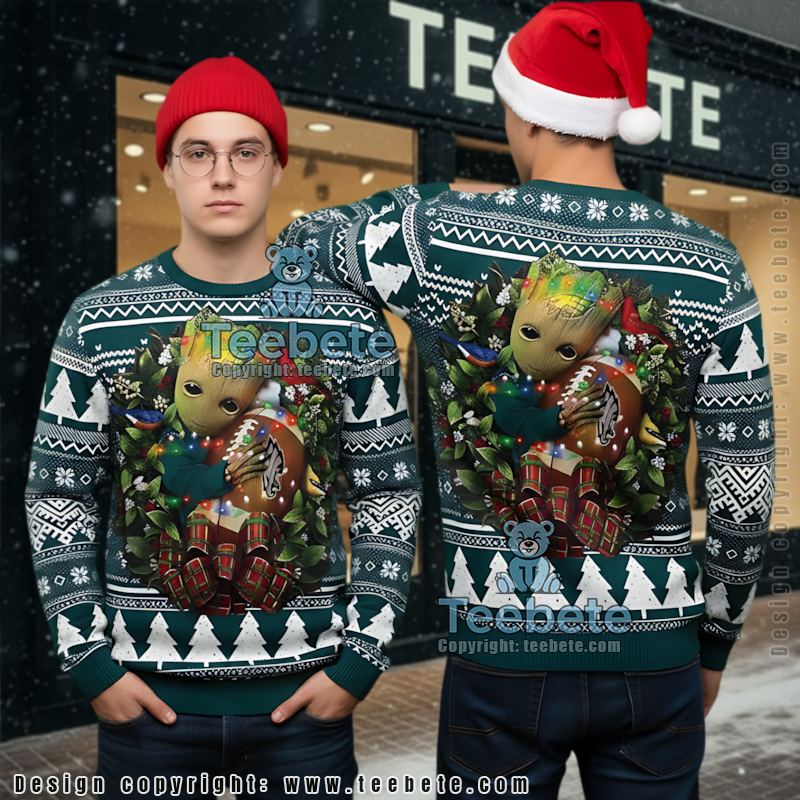 Philadelphia Eagles Groot Hug Christmas Wreath Ugly Sweater Blue White Naughty