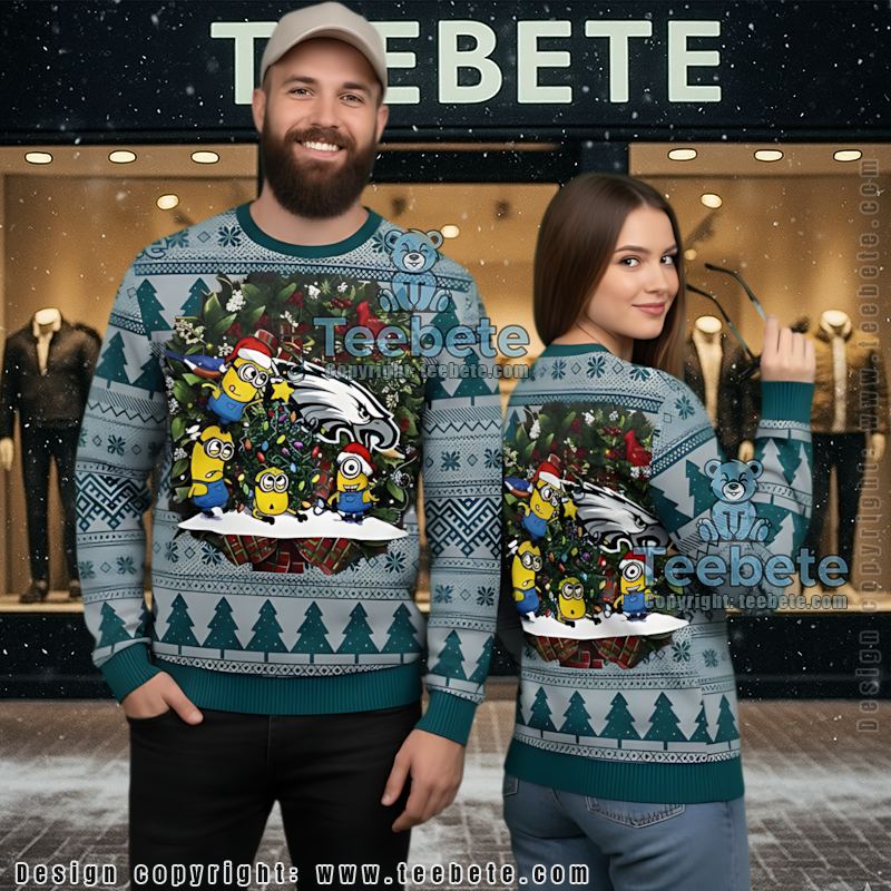 Philadelphia Eagles Minion Santa Ugly Xmas Sweater Party Blue Grey