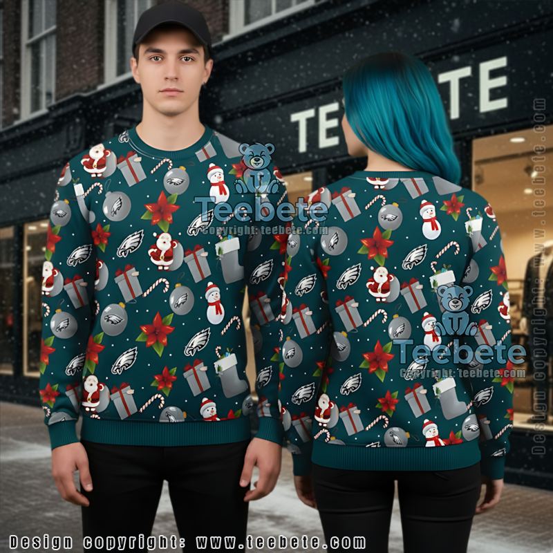 Philadelphia Eagles Santa Claus Ho Ho Ho Ugly Christmas Sweater Adults Blue Black