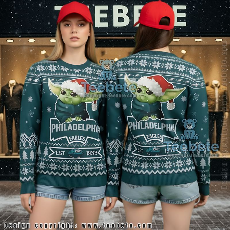 Philadelphia Eagles Santa Hat Baby Yoda Star Wars Ugly Sweater Blue
