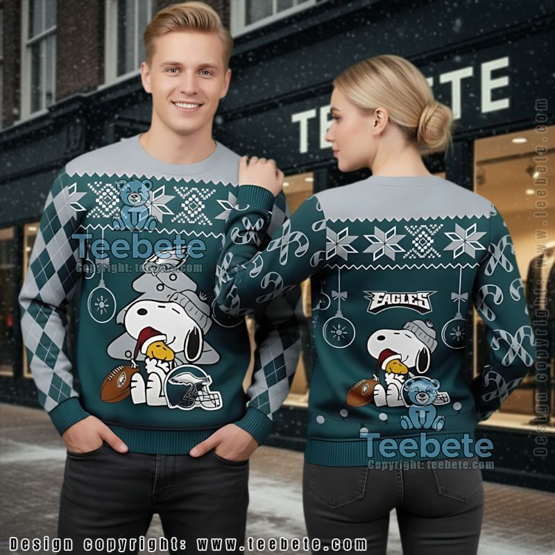 Philadelphia Eagles Santa Hat Snoopy Woodstock Ugly Sweater Blue Grey Naughty
