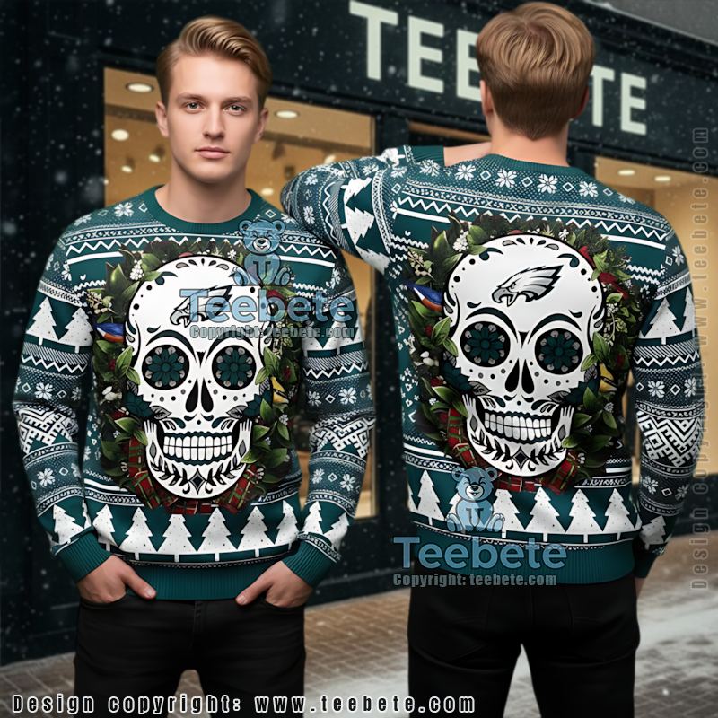 Philadelphia Eagles Skull Flower Ugly Xmas Sweater Party Blue White
