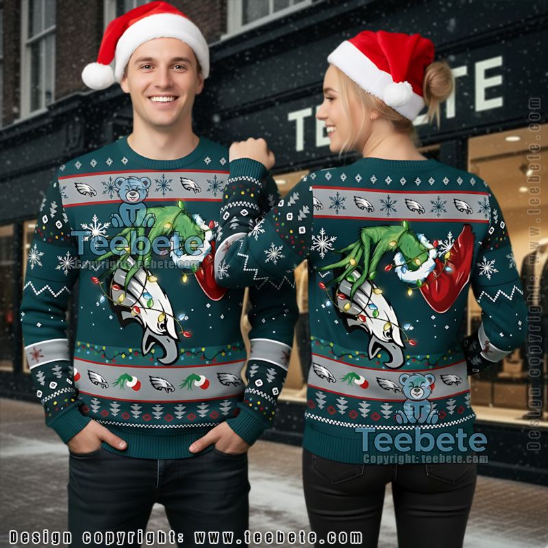 Philadelphia Eagles The Grinch Hand Light Ugly Christmas Sweater Blue Cool