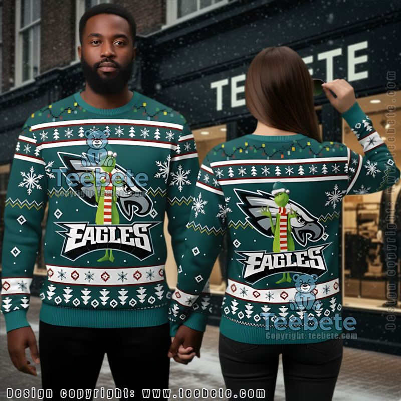Philadelphia Eagles The Grinch Ugly Cardigan Christmas Blue White