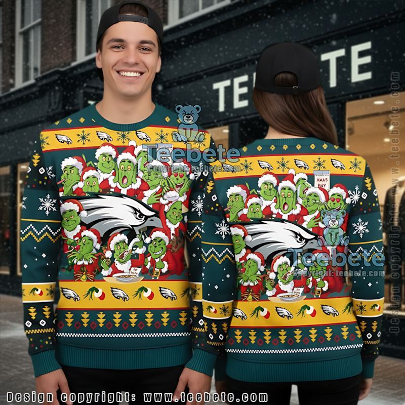 Philadelphia Eagles The Grinch Xmas Day Ugly Christmas Sweaters Blue Yellow Family
