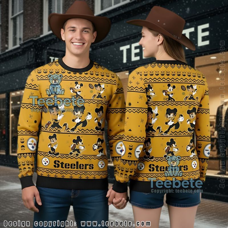 Pittsburgh Steelers Mickey Mouse Hohoho Ugly Christmas Sweater Black Yellow Cute
