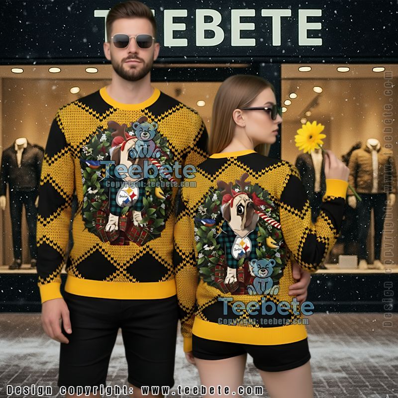 Pittsburgh Steelers Pub Dog Reindeer Ugly Christmas Sweatshirt Womens Yellow Black
