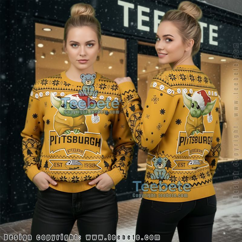 Pittsburgh Steelers Santa Hat Baby Yoda Ugly Christmas Sweater Yellow Cool