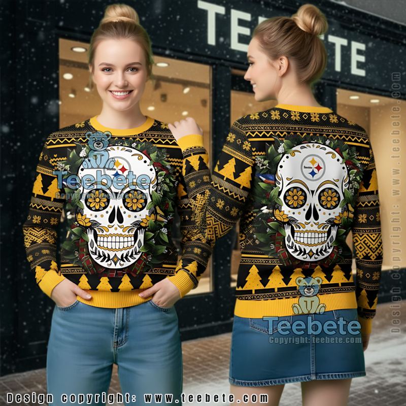 Pittsburgh Steelers Skull Flower Ugly Christmas Sweater Black Yellow Big And Tall