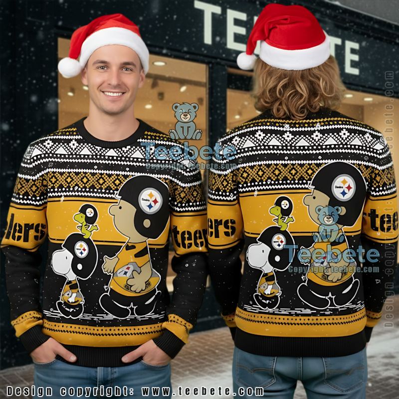 Pittsburgh Steelers Snoopy Woodstock Charlie Brown Ugly Sweater Black Yellow