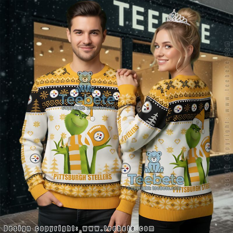 Pittsburgh Steelers The Grinch Ugly Christmas Sweater Yellow White Big And Tall