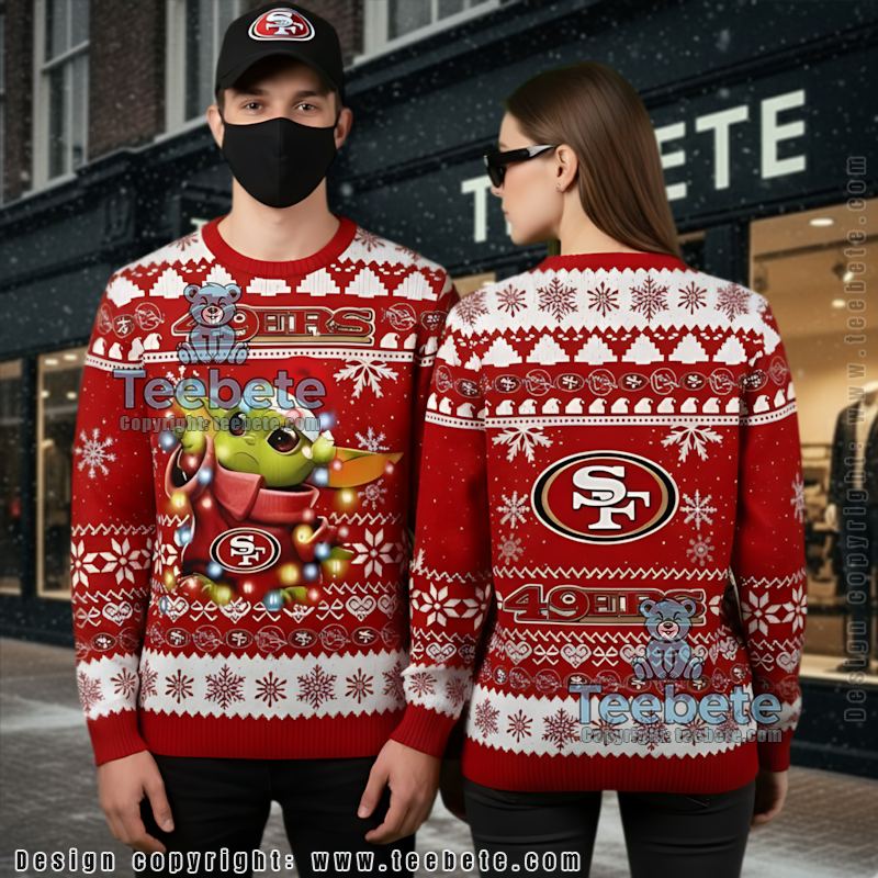 San Francisco 49Ers Baby Yoda Santa Hat Ugly Xmas Sweaters White Red Funny